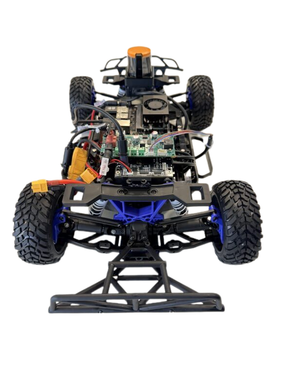 Assembled RoboRacer Core Kit: a 1:10-scale racing chassis carrying a LiDAR unit, Jetson compute module, VESC motor controller and power distribution board.
